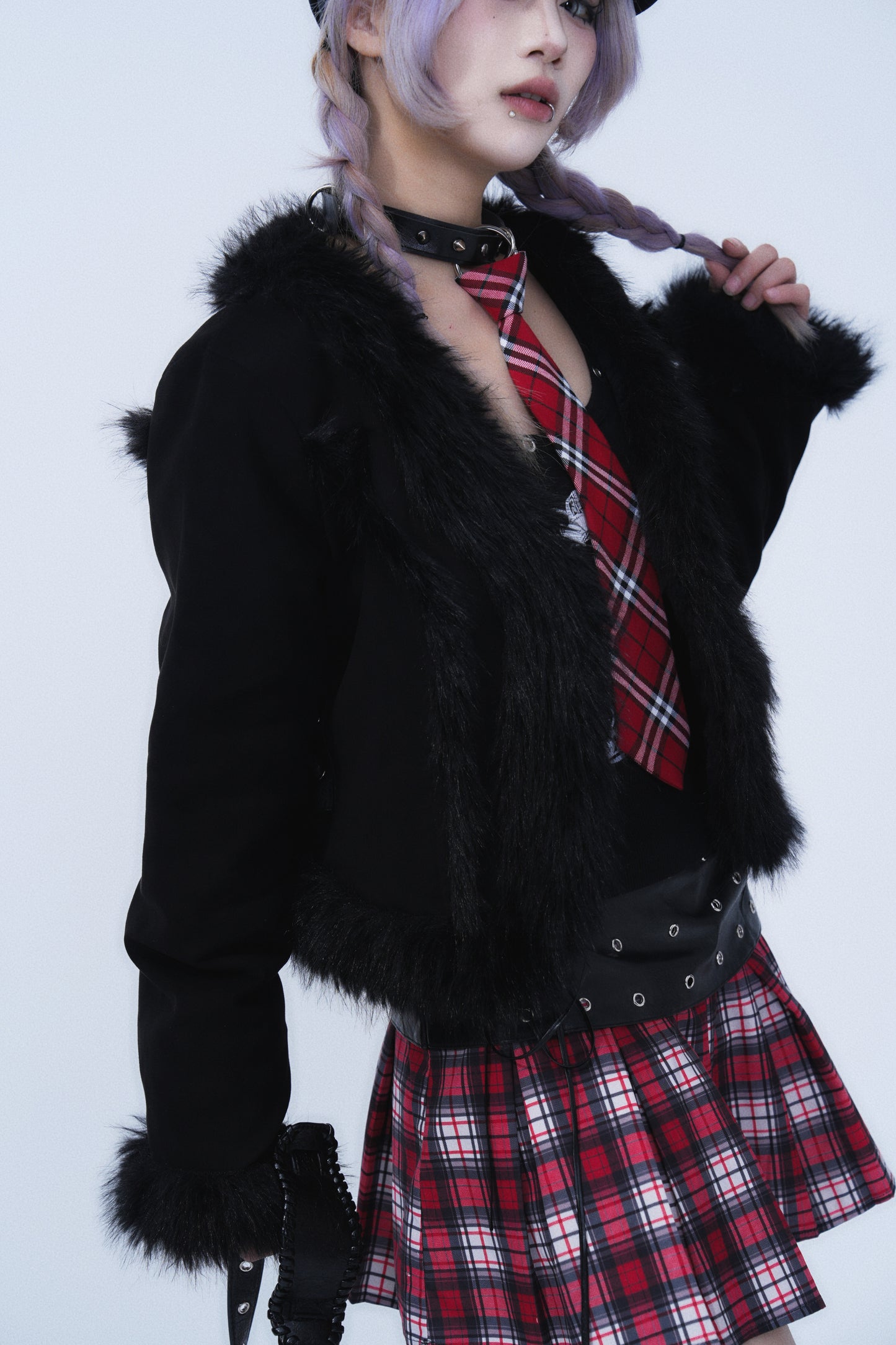 Fur Trim Short Jacket – Gothic Cross Patch Design