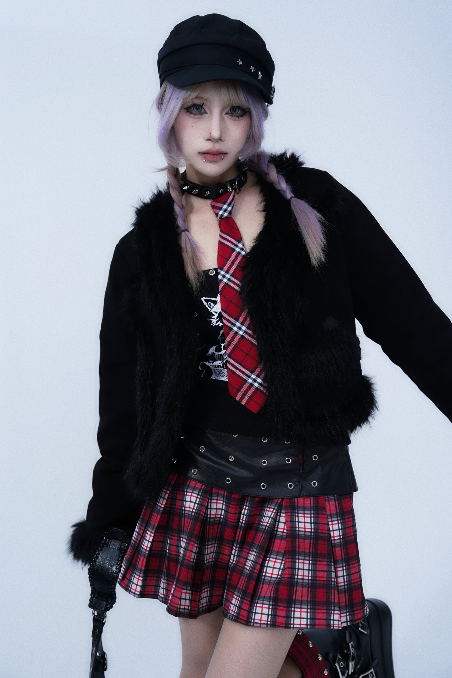 Fur Trim Short Jacket – Gothic Cross Patch Design
