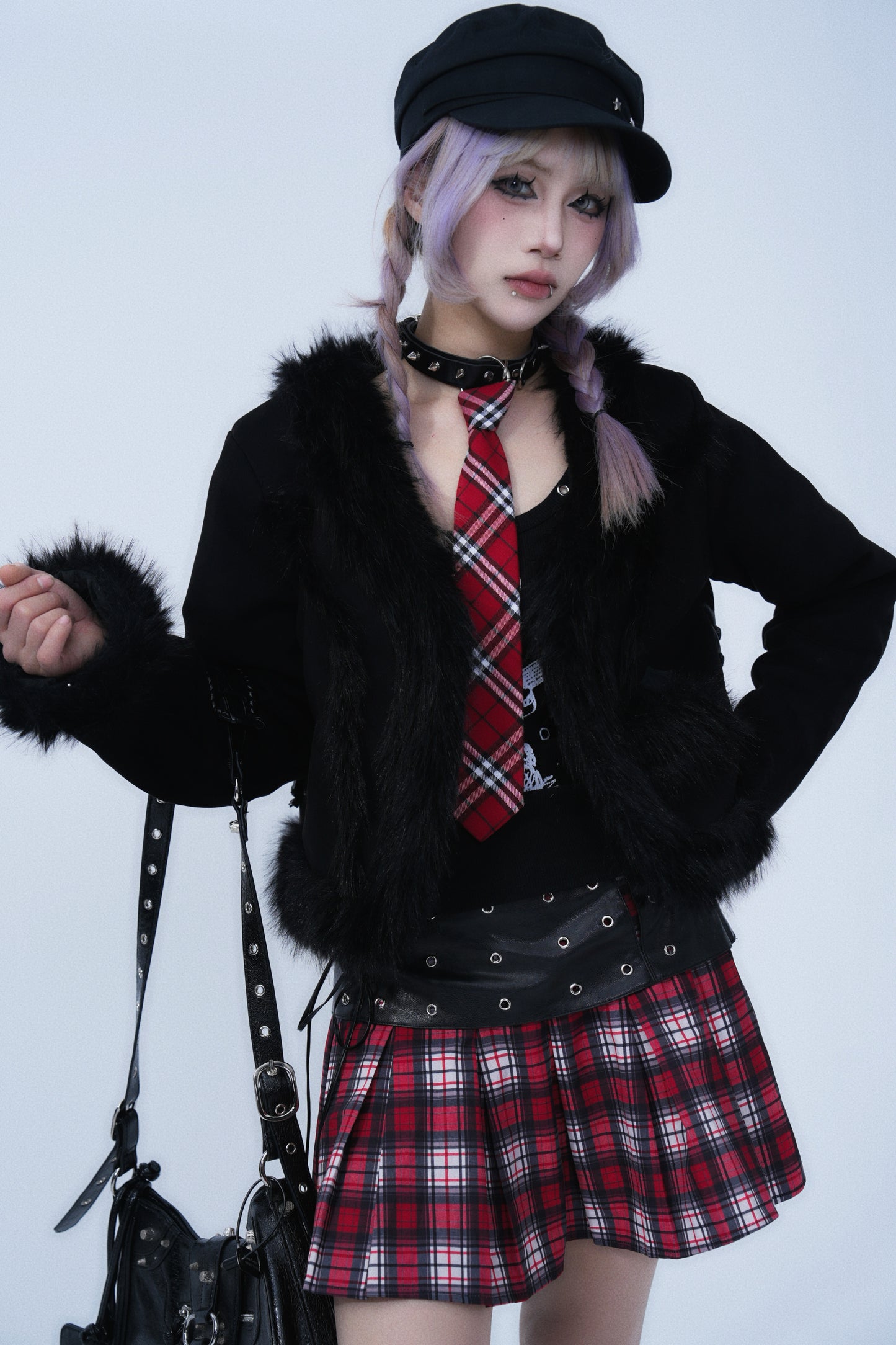 Fur Trim Short Jacket – Gothic Cross Patch Design