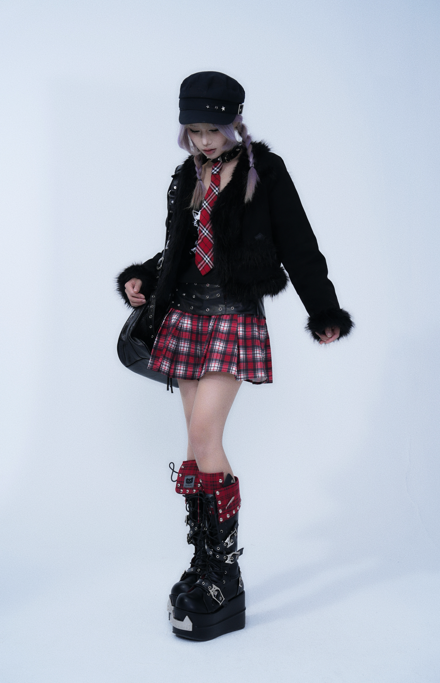 Fur Trim Short Jacket – Gothic Cross Patch Design
