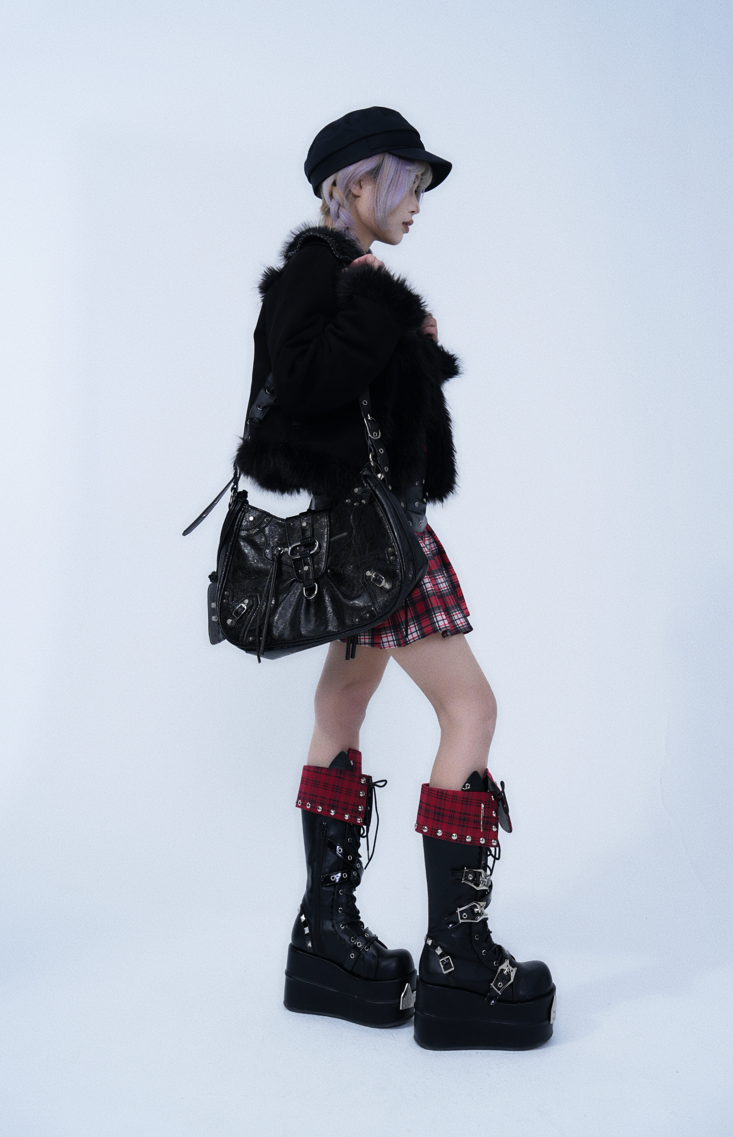 Fur Trim Short Jacket – Gothic Cross Patch Design