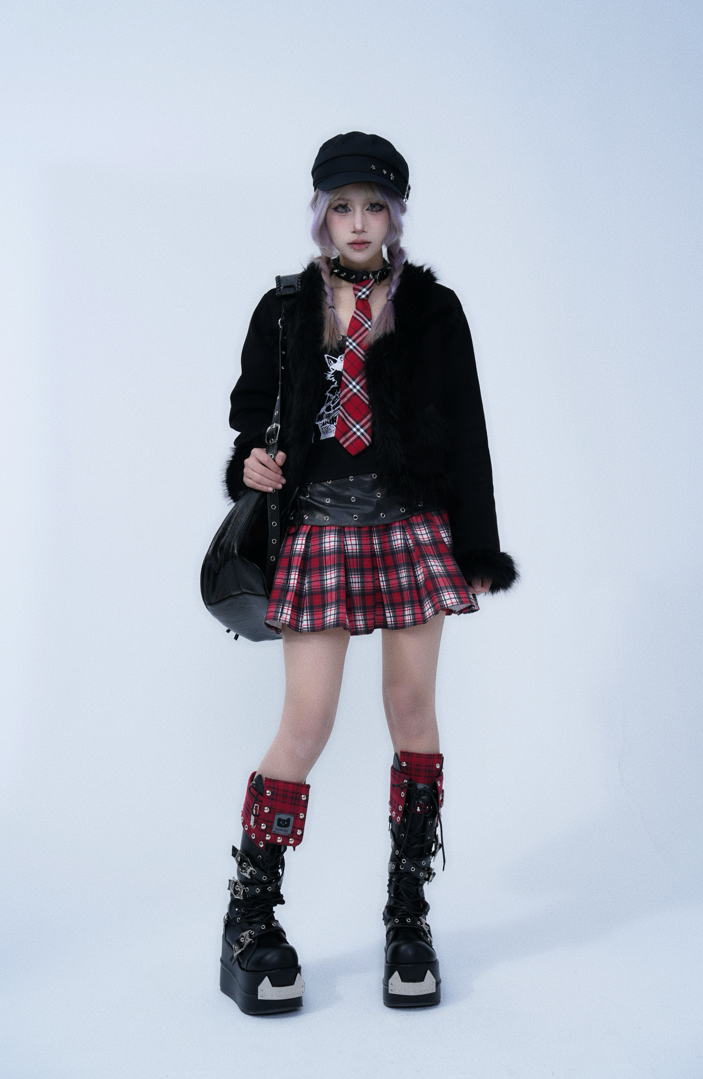 Fur Trim Short Jacket – Gothic Cross Patch Design
