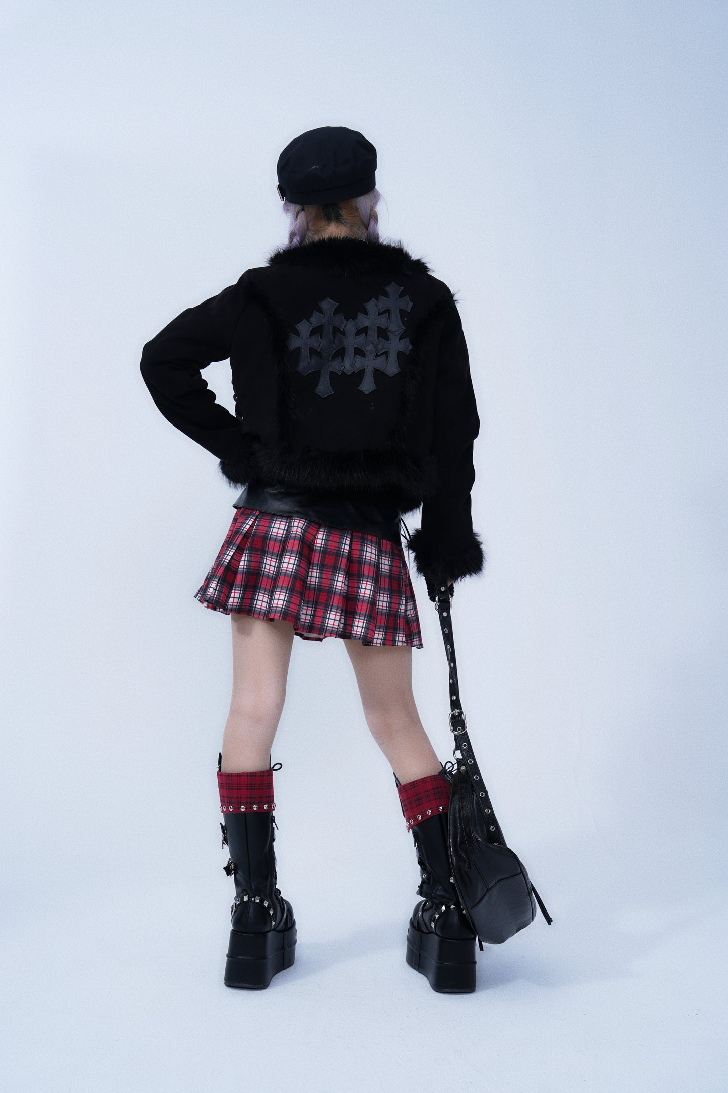 Fur Trim Short Jacket – Gothic Cross Patch Design