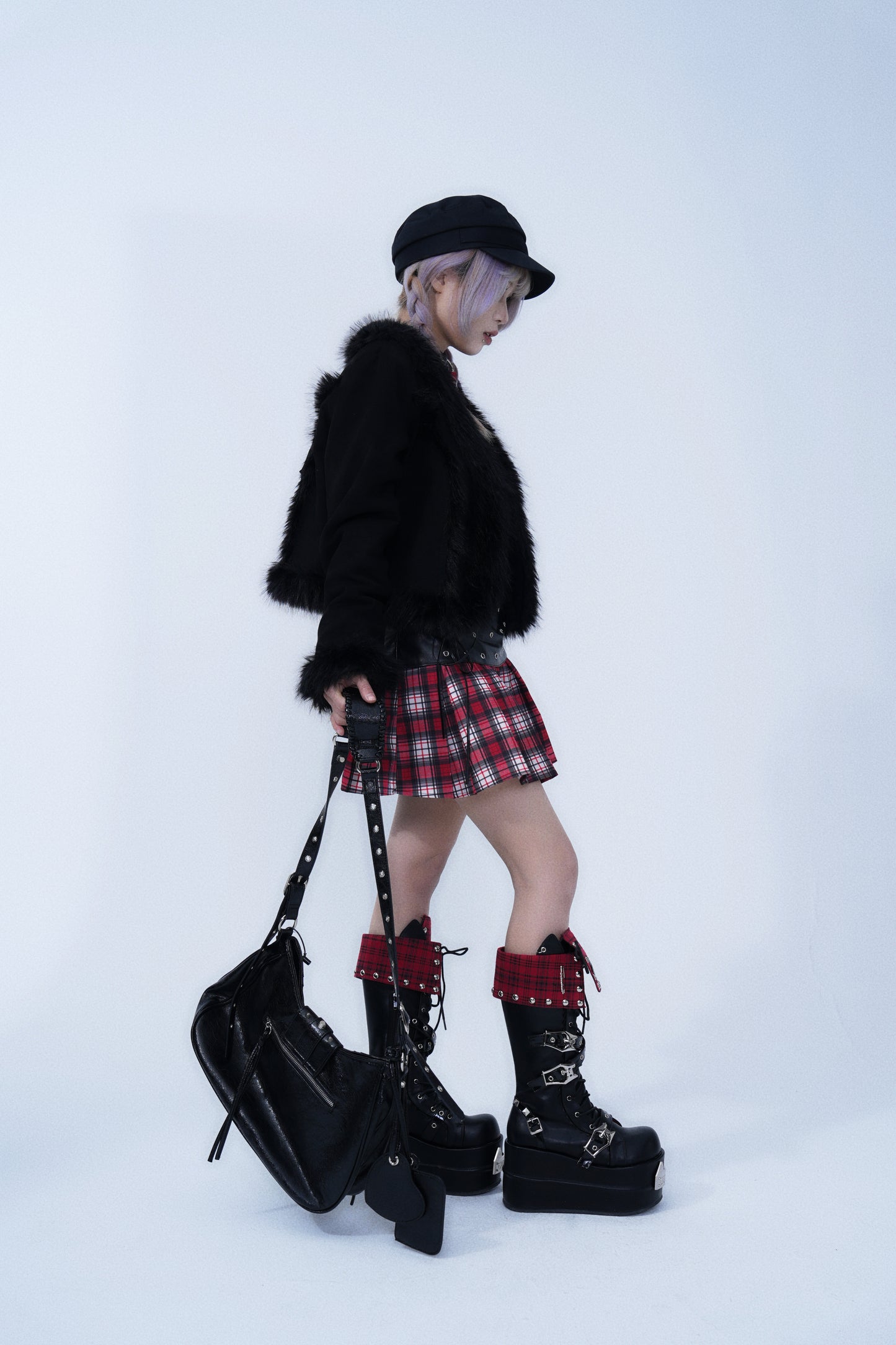 Fur Trim Short Jacket – Gothic Cross Patch Design