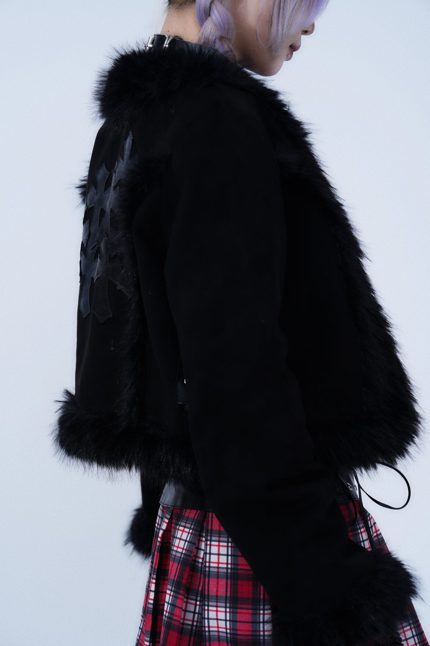 Fur Trim Short Jacket – Gothic Cross Patch Design
