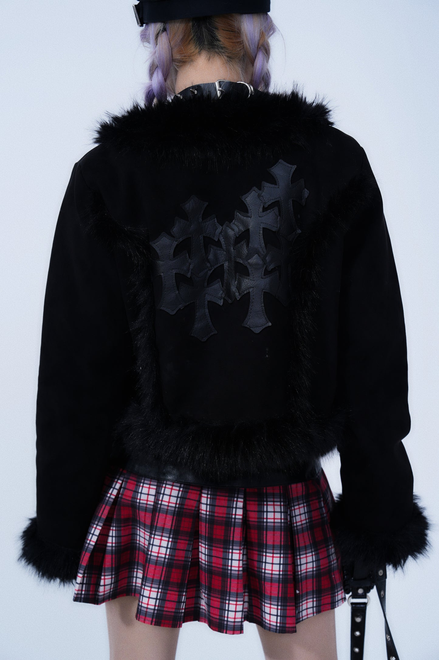 Fur Trim Short Jacket – Gothic Cross Patch Design