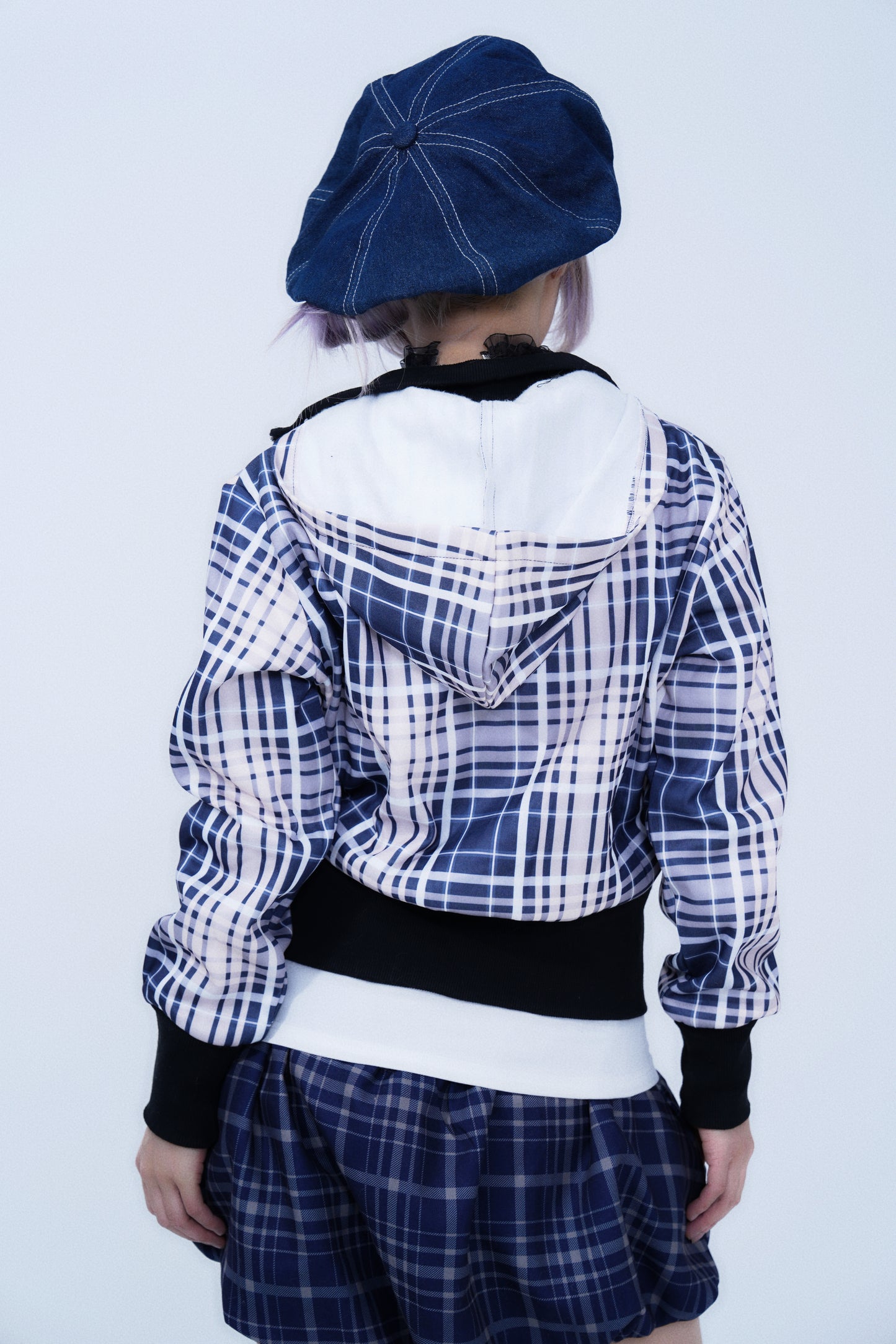 Retro Plaid Stand Collar Zipper Hoodie Jacket