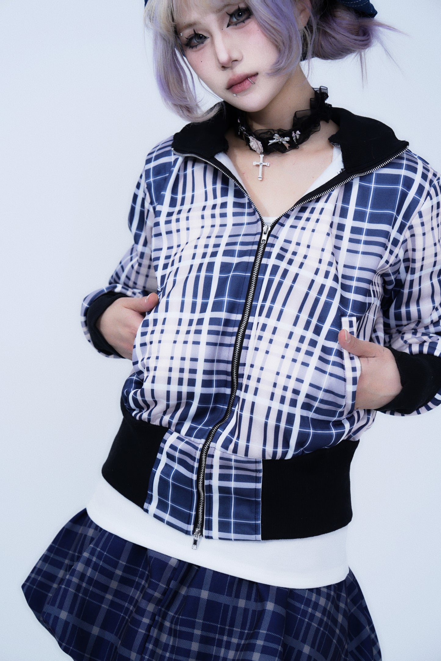 Retro Plaid Stand Collar Zipper Hoodie Jacket