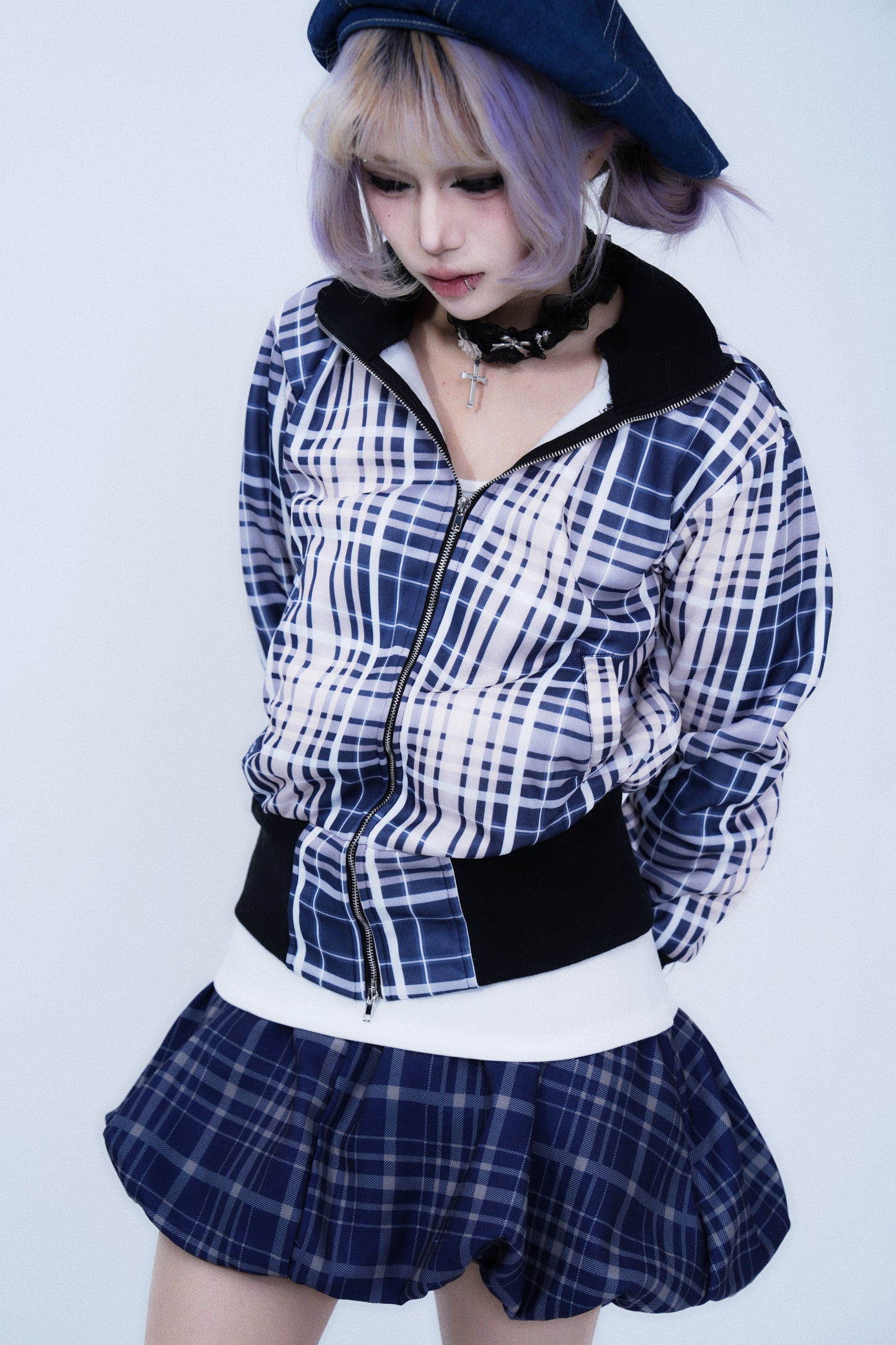 Retro Plaid Stand Collar Zipper Hoodie Jacket
