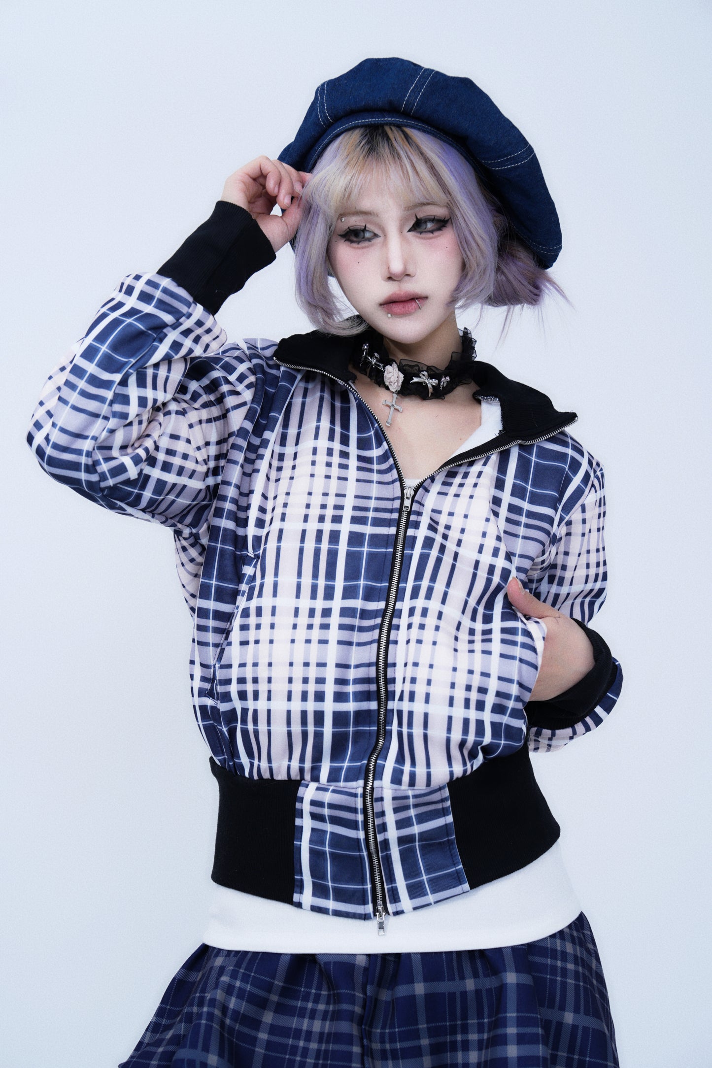 Retro Plaid Stand Collar Zipper Hoodie Jacket