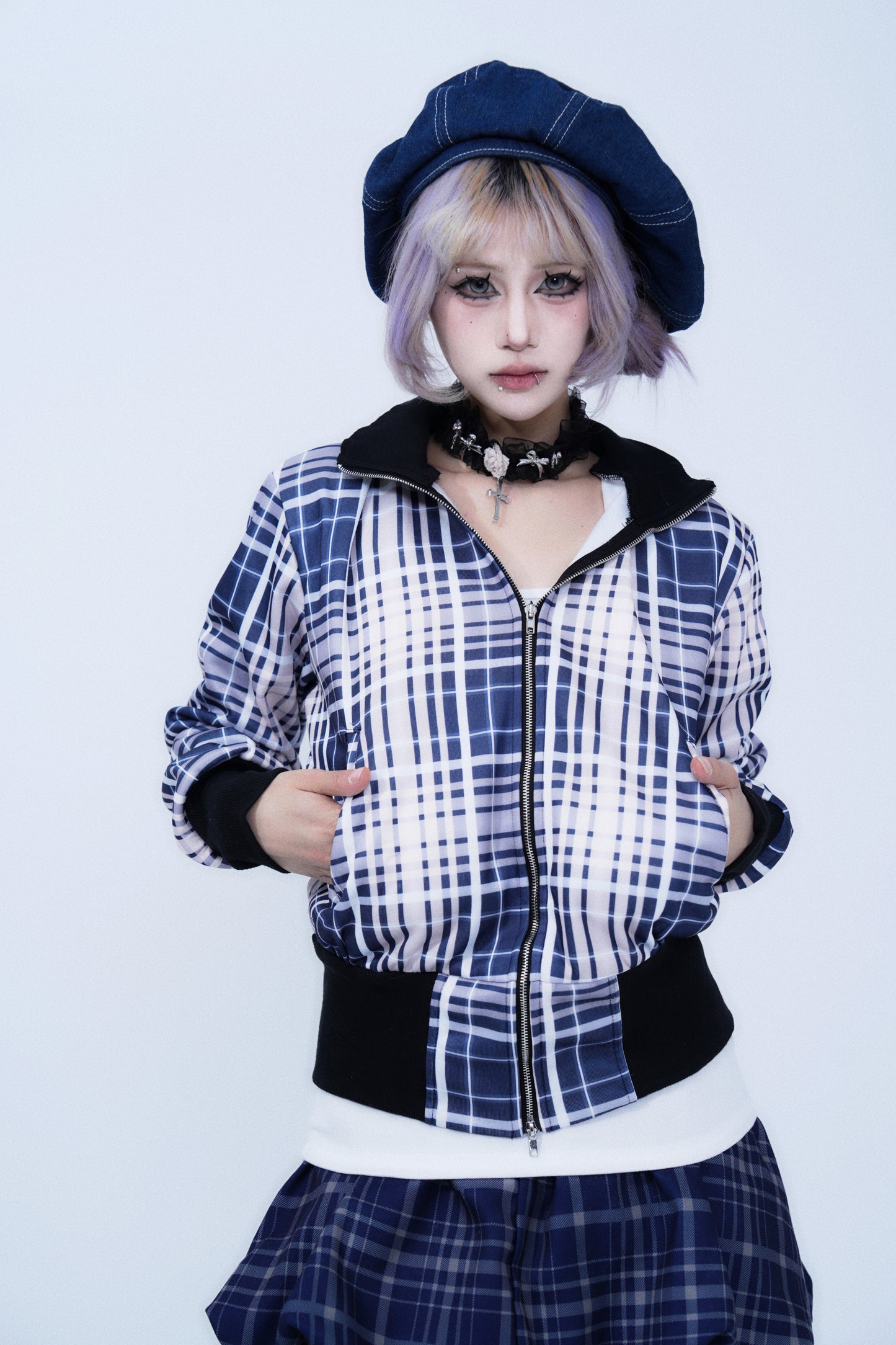 Retro Plaid Stand Collar Zipper Hoodie Jacket