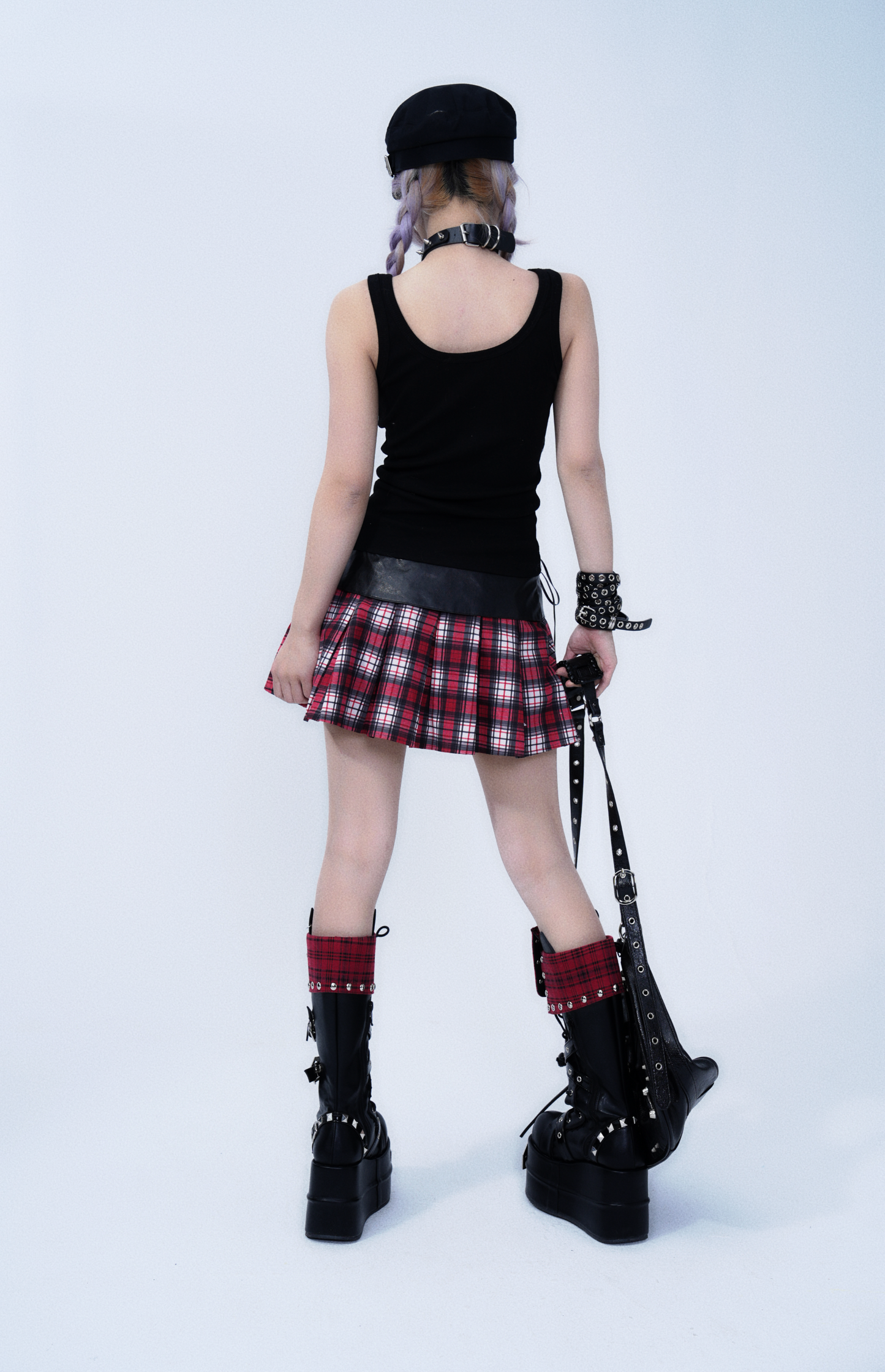 Rebel Plaid Leather Strap Skirt