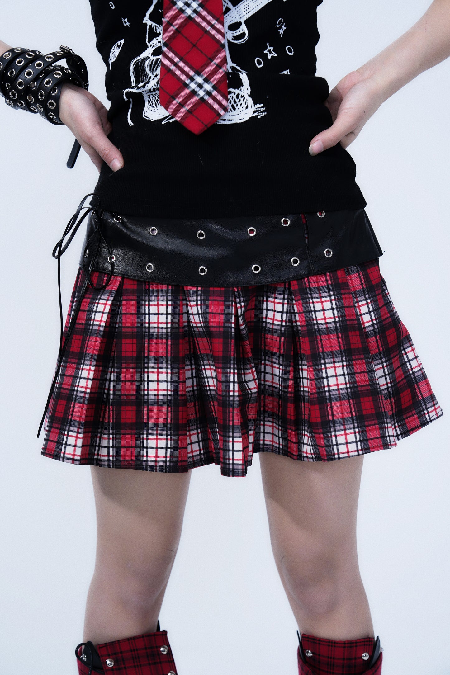 Rebel Plaid Leather Strap Skirt