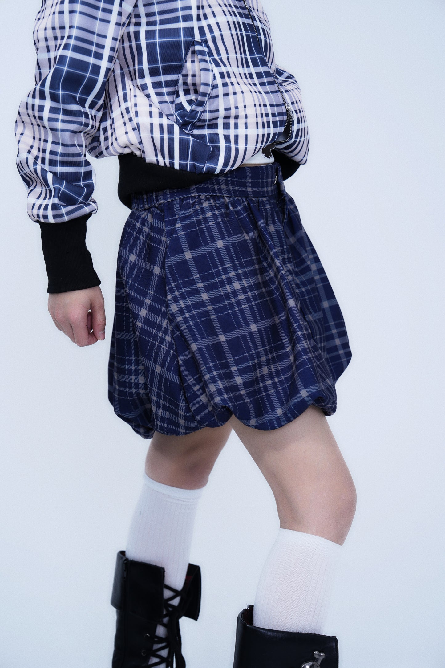 Blue Plaid Bubble Hem Skirt