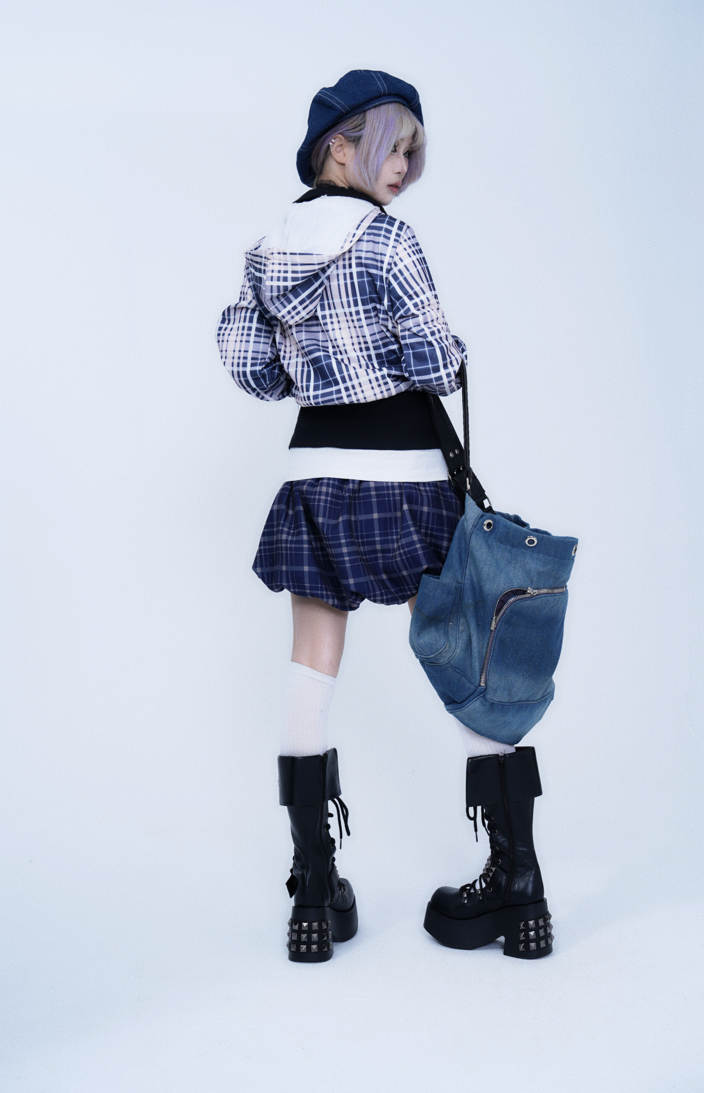 Retro Plaid Stand Collar Zipper Hoodie Jacket