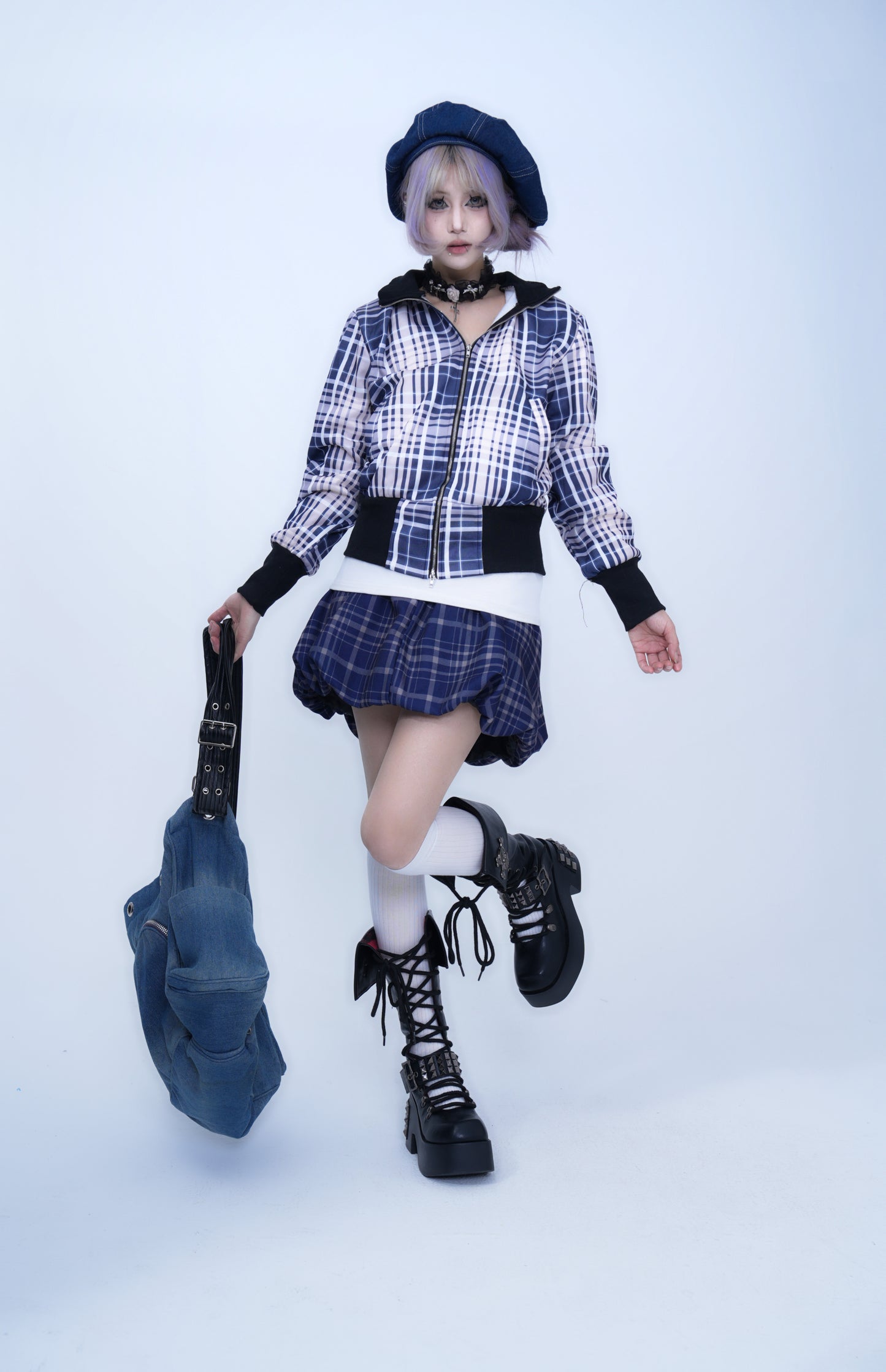 Retro Plaid Stand Collar Zipper Hoodie Jacket