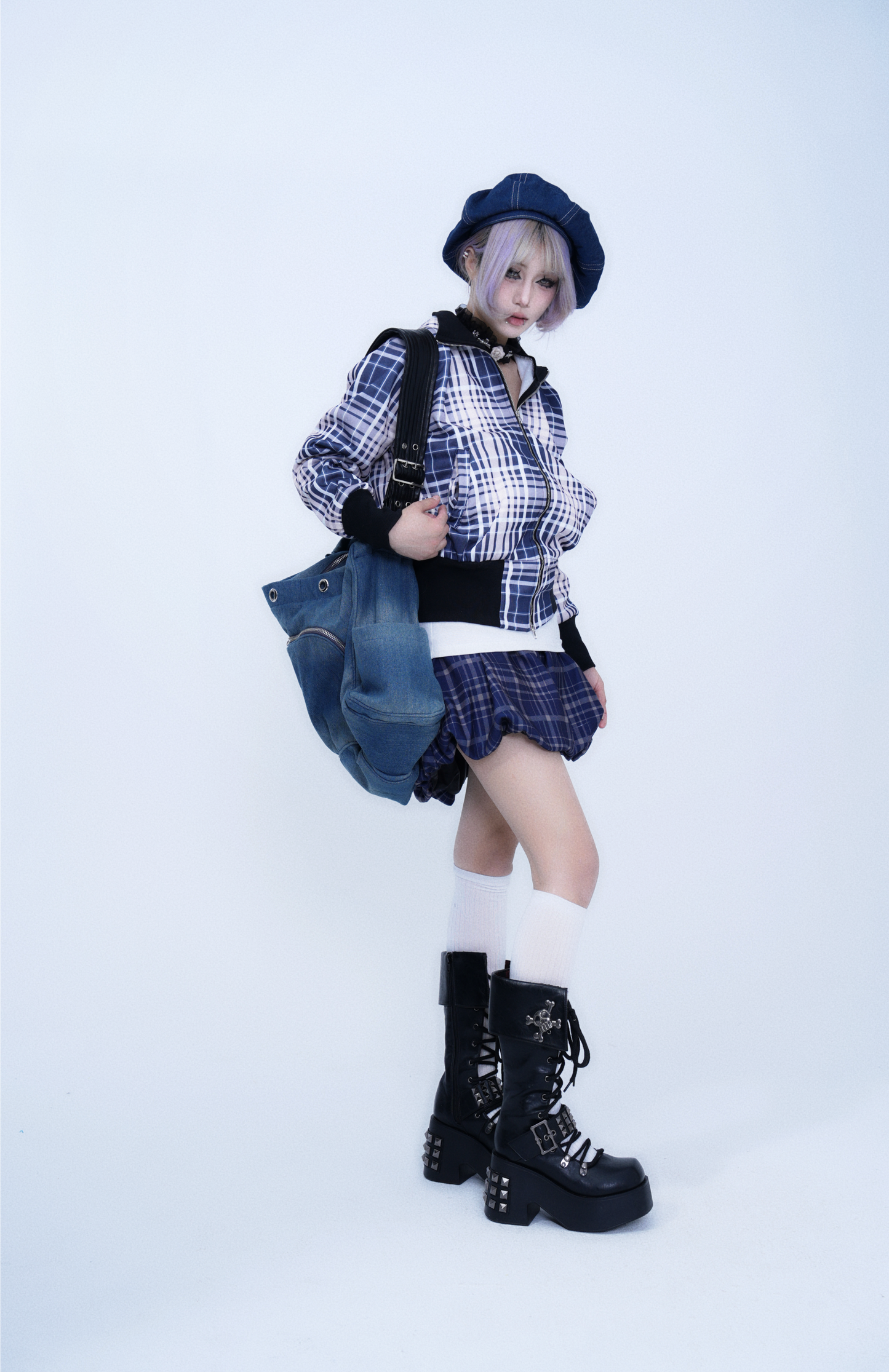 Retro Plaid Stand Collar Zipper Hoodie Jacket