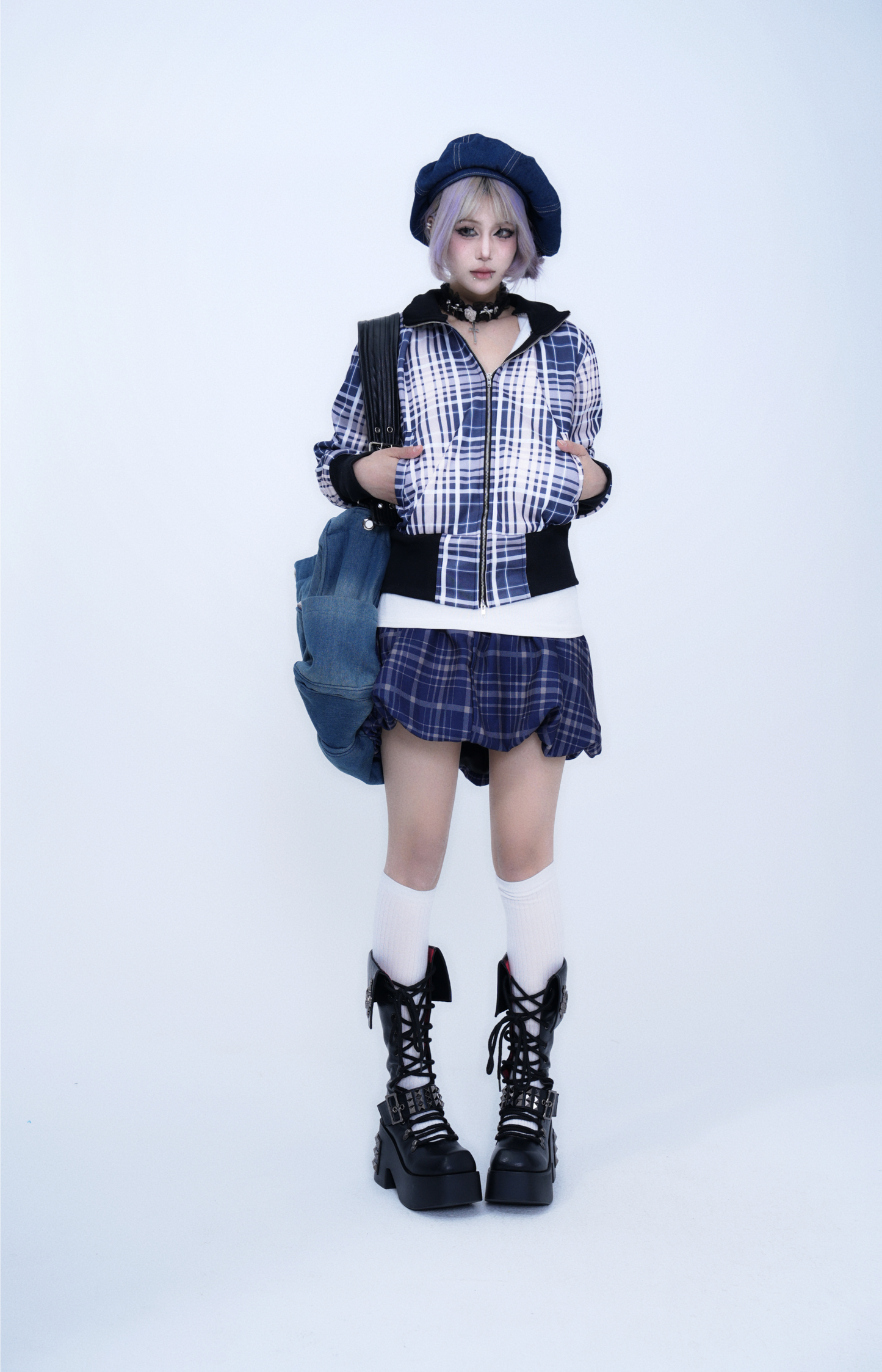 Retro Plaid Stand Collar Zipper Hoodie Jacket