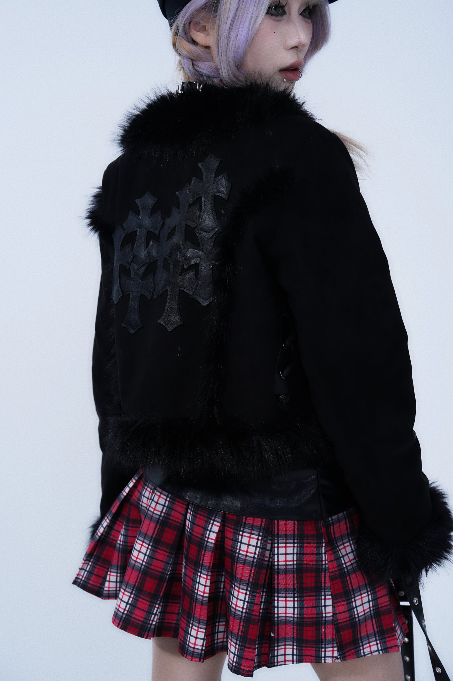 Fur Trim Short Jacket – Gothic Cross Patch Design