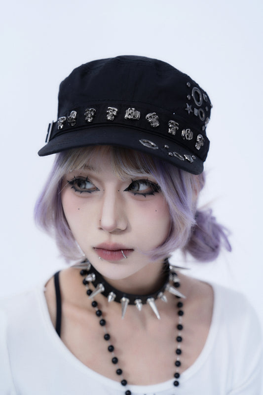 Punk Skull-Studded Military Cap